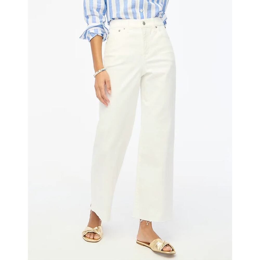 J.Crew Jeans WMNS 32 White High-Rise Wide Leg Raw Hem Stretch Coastal Casual